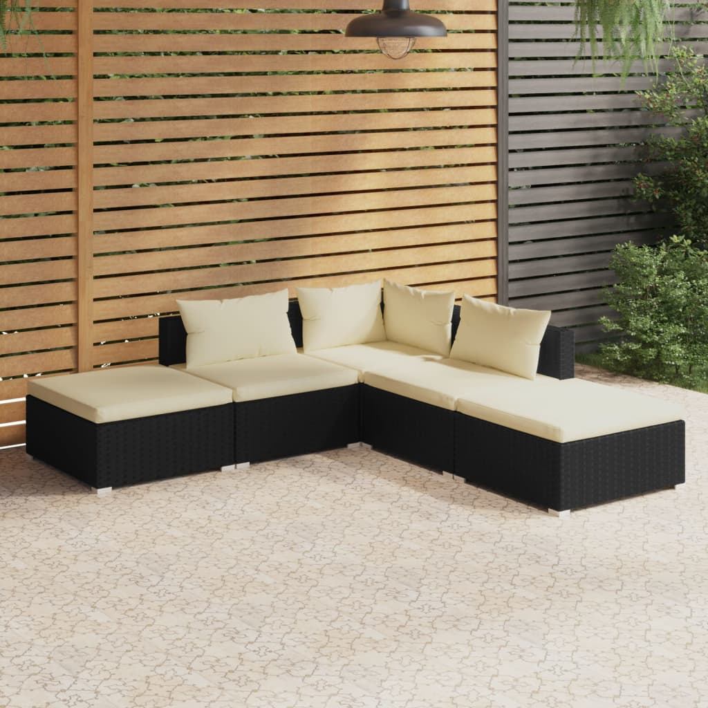 5-delige Loungeset met kussens poly rattan zwart is nu te koop bij PeponiXL, paradijselijk wonen!