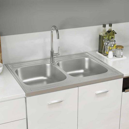 Gootsteen met dubbele bak 800x600x155 mm roestvrij staal zilver is nu te koop bij PeponiXL, paradijselijk wonen!