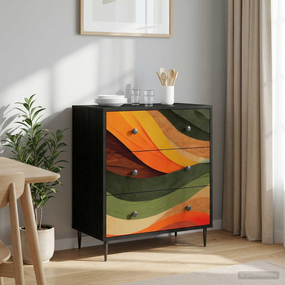 Ladekast BONN Retro golfprint 66 x 36,5 x 76 cm Bewerkt hout is nu te koop bij PeponiXL, paradijselijk wonen!