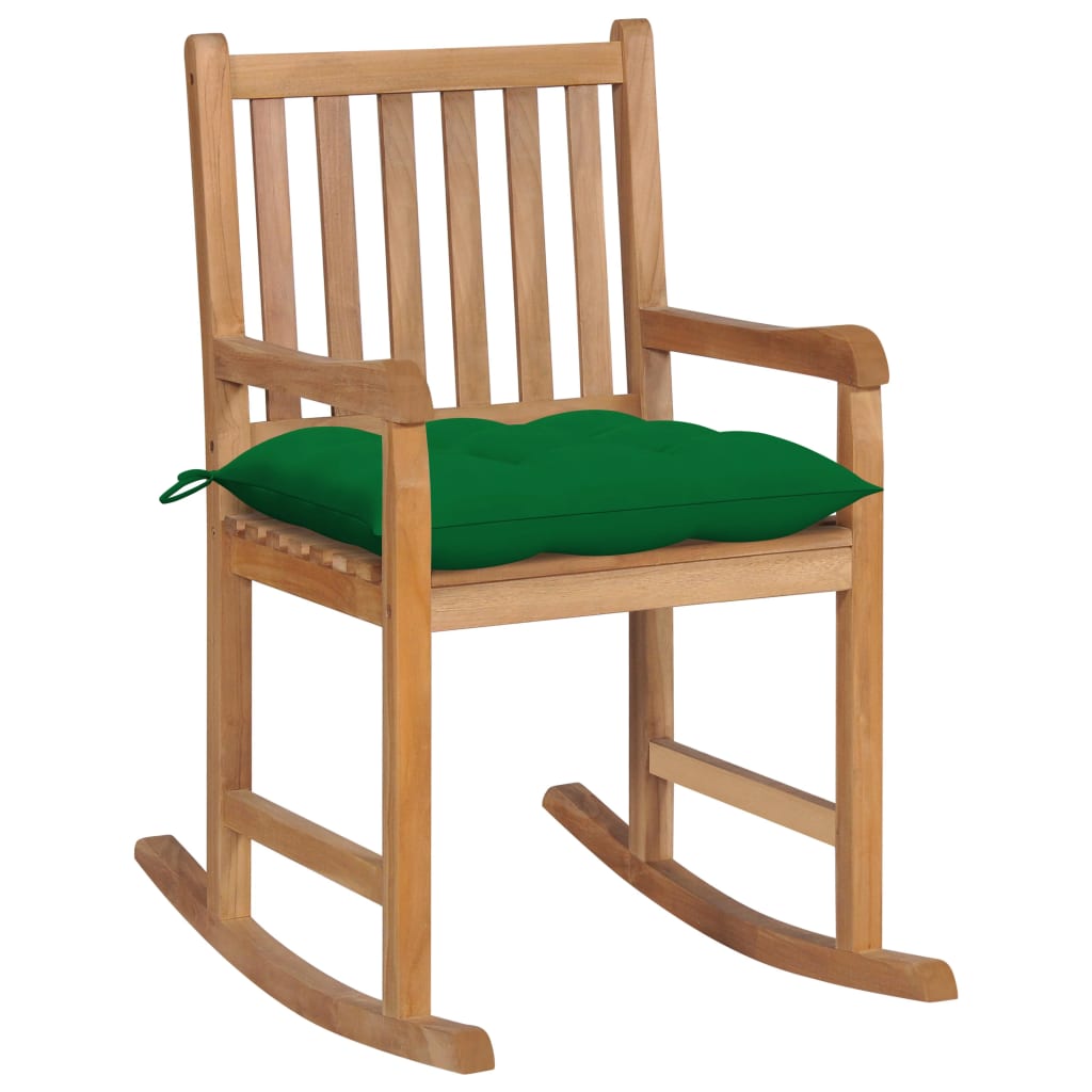 Schommelstoel met groen kussen massief teakhout is nu te koop bij PeponiXL, paradijselijk wonen!