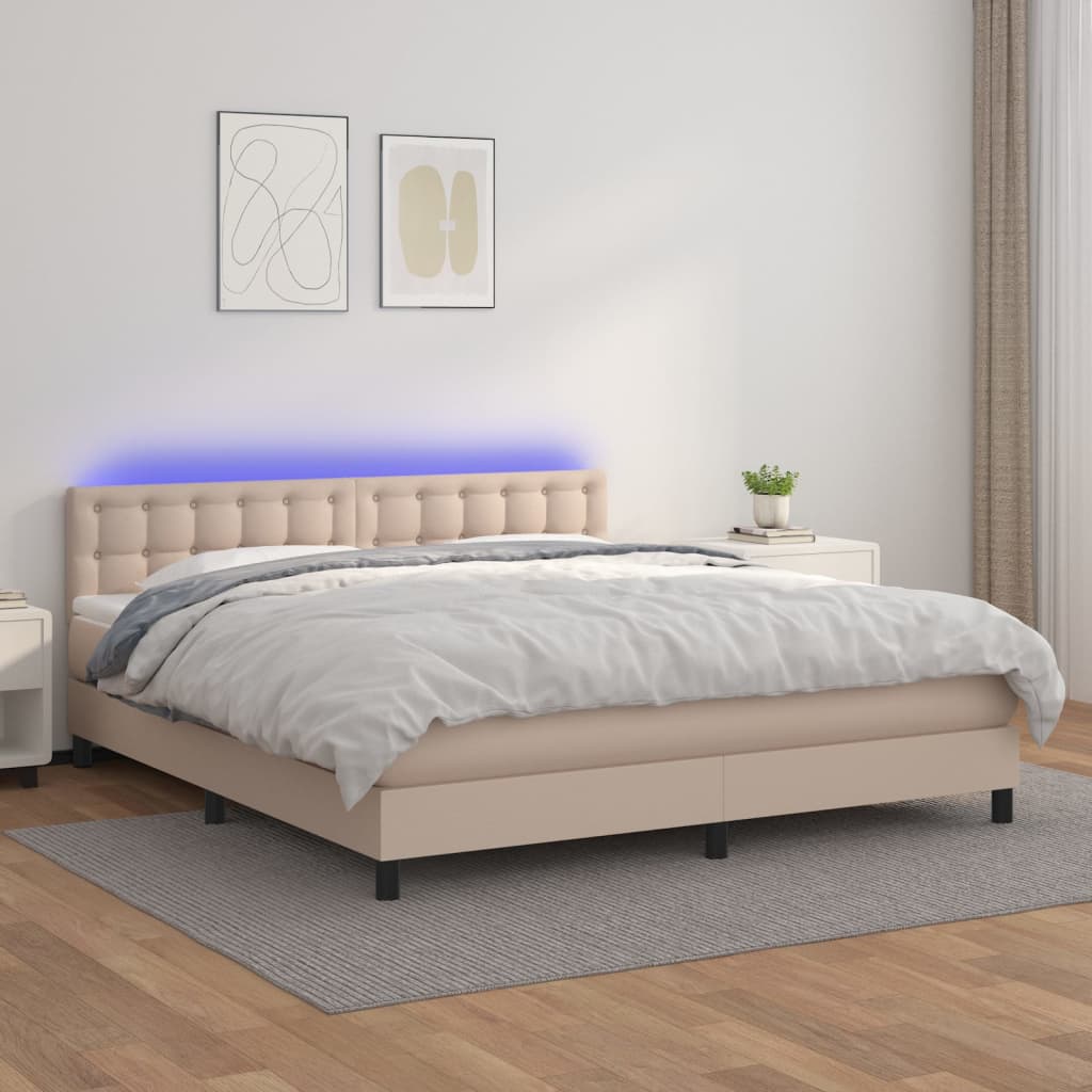 Boxspring met matras en LED kunstleer cappuccinokleur 180x200cm is nu te koop bij PeponiXL, paradijselijk wonen!