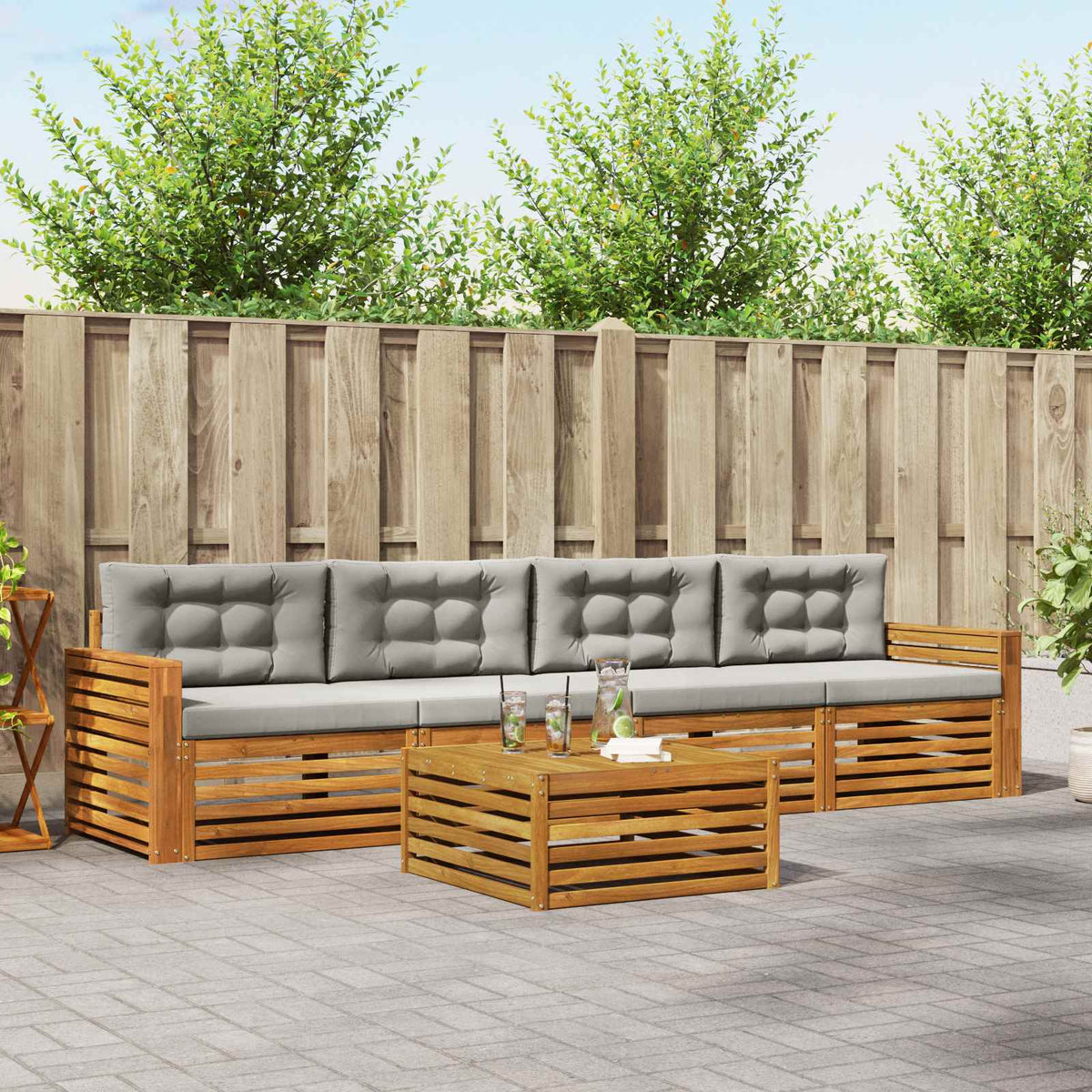 Buiten bankenset met kussen 5 pcs Natuurlijk en Lichtgrijs is nu te koop bij PeponiXL, paradijselijk wonen!
