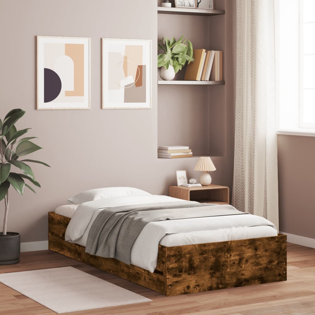 Bedframe met lades bewerkt hout gerookt eikenkleurig 100x200 cm is nu te koop bij PeponiXL, paradijselijk wonen!
