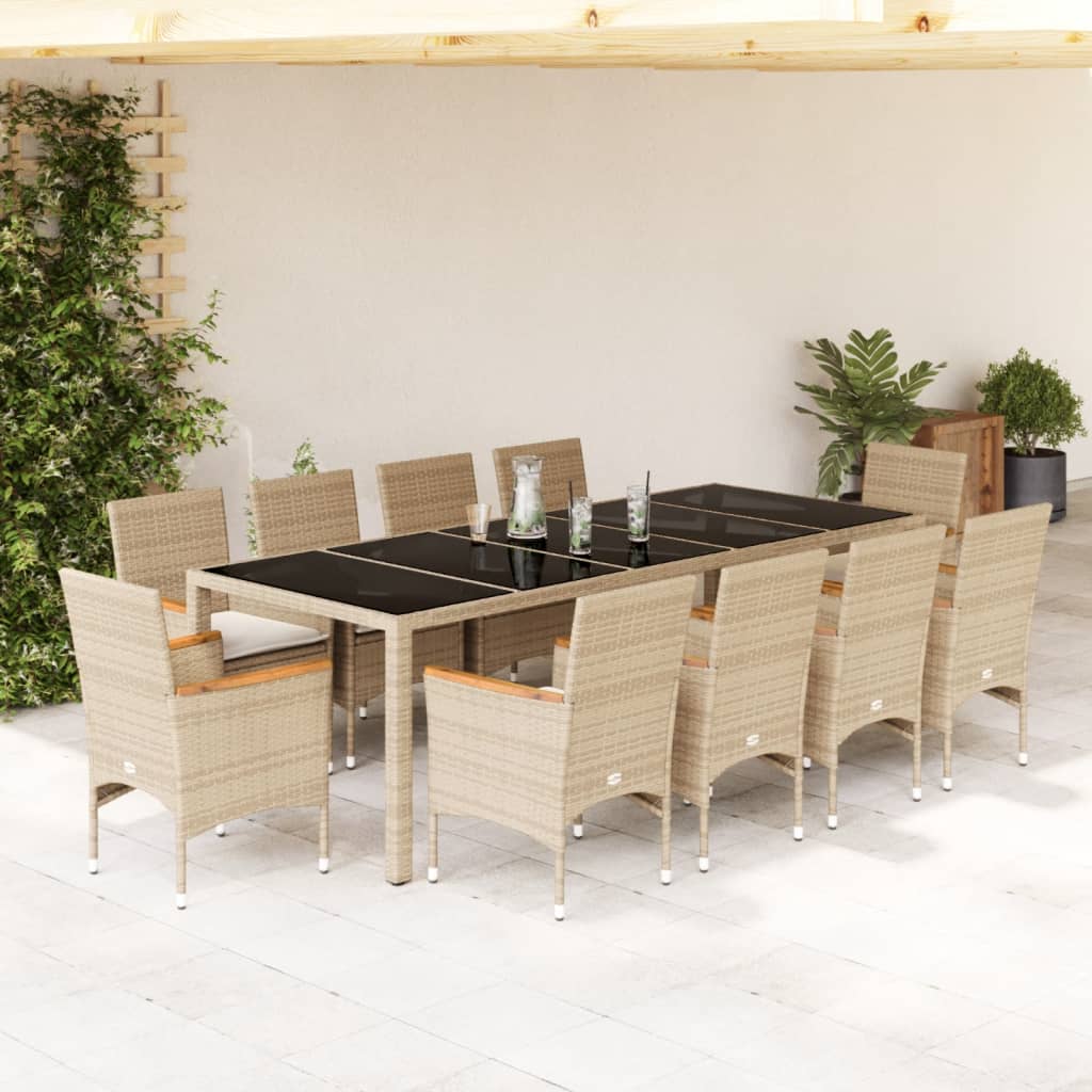 11-delige Tuinset met kussens poly rattan en glas beige is nu te koop bij PeponiXL, paradijselijk wonen!