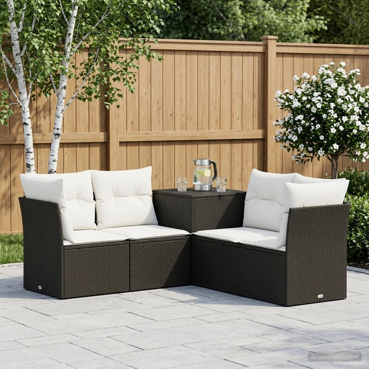 Bankstel 5 st Zwart en Cream Wit Poly Rattan en Staal is nu te koop bij PeponiXL, paradijselijk wonen!
