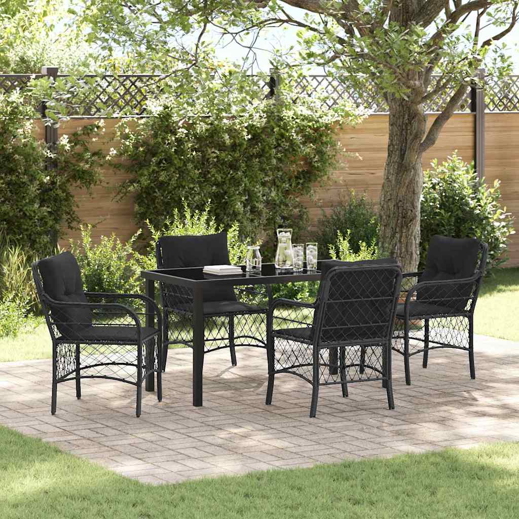 Tuin eettafelset met kussen 5 pcs Zwart poly rattan is nu te koop bij PeponiXL, paradijselijk wonen!