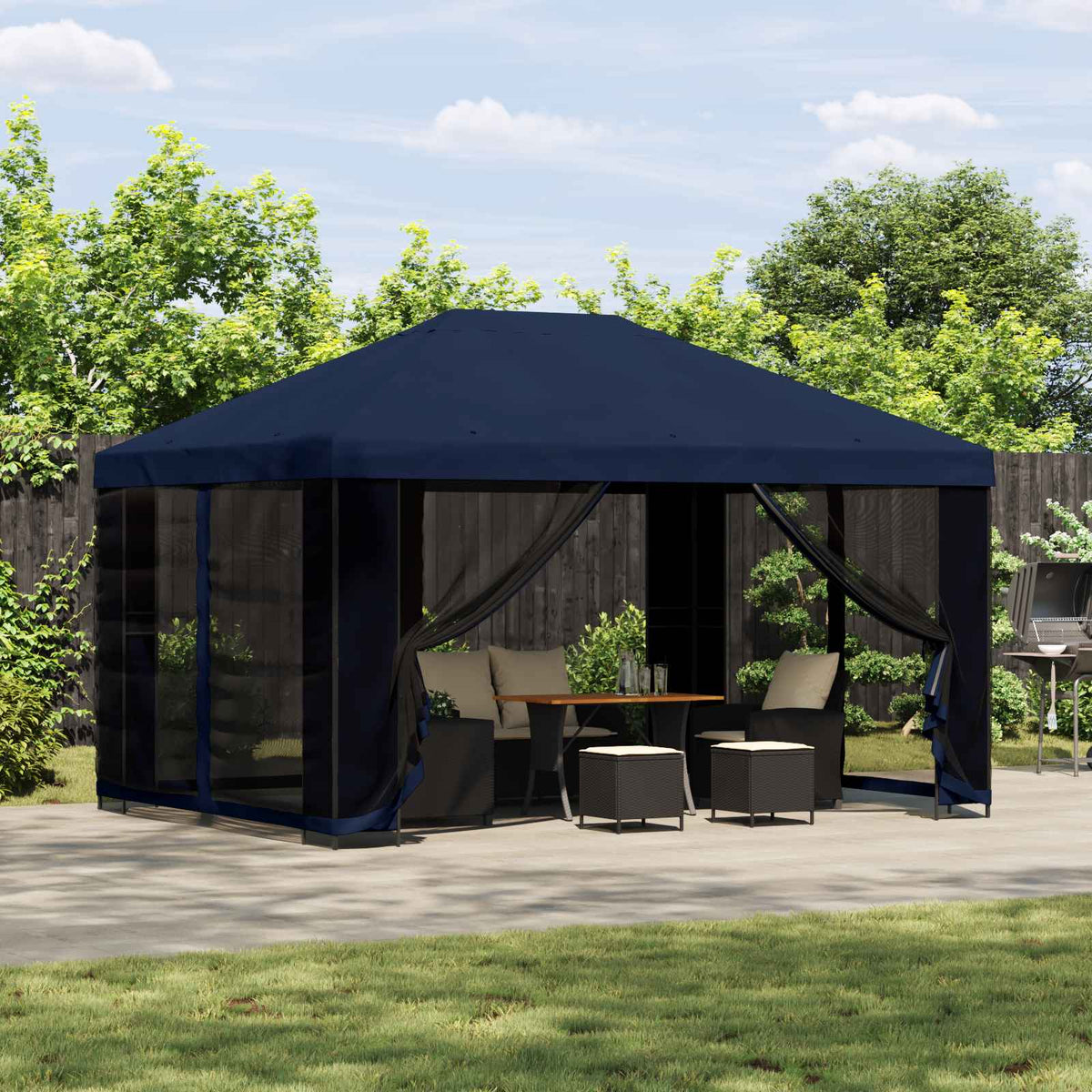 Tuin Gazebo met Zijwanden 4 × 3 m Blauw Polyester en staal 190 is nu te koop bij PeponiXL, paradijselijk wonen!