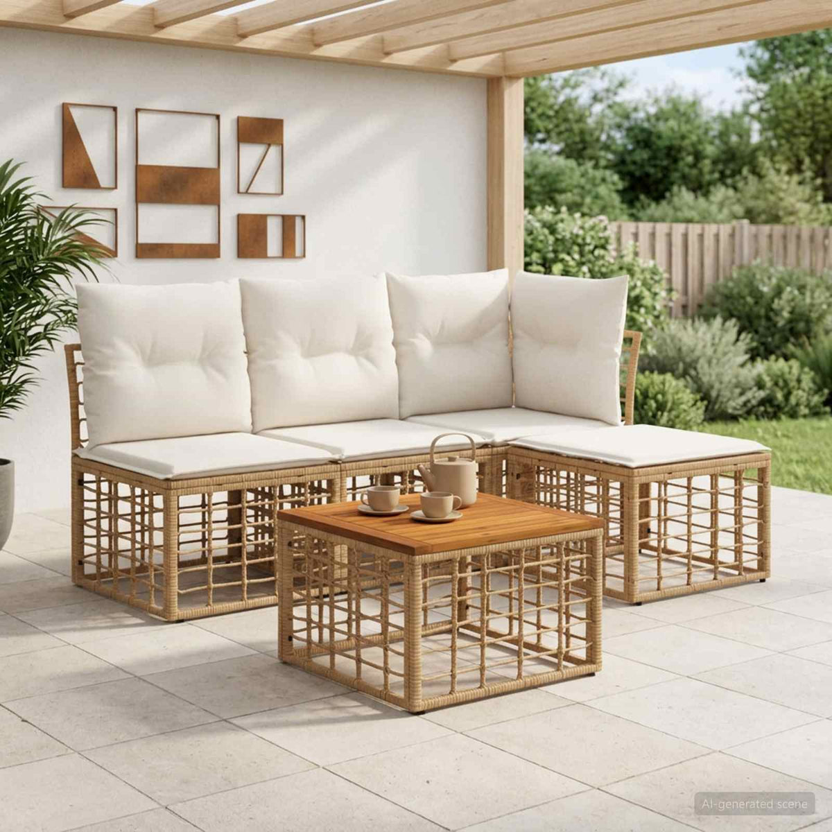 Buiten bankenset 5 pcs Natuurlijk en Crème Wit Polyester is nu te koop bij PeponiXL, paradijselijk wonen!