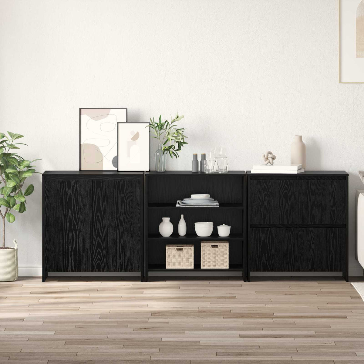 Dressoir 3 pcs Zwart Eiken 70 x 41 x 75 cm Bewerkt hout is nu te koop bij PeponiXL, paradijselijk wonen!