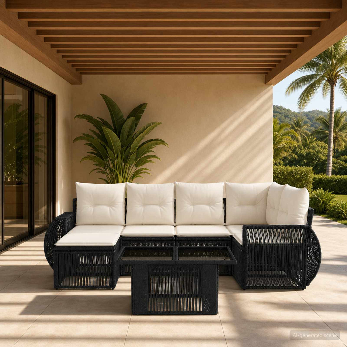 Tuinbankenset 7 st Zwart en Cream Wit poly rattan is nu te koop bij PeponiXL, paradijselijk wonen!