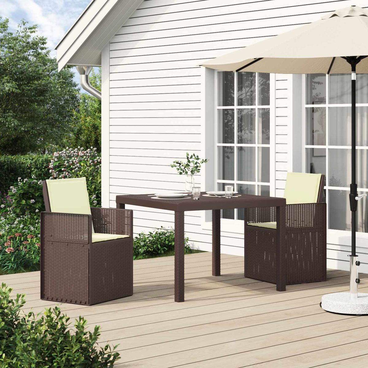 Tuin eettafelset met kussen 3 pcs Bruin en crèmekleurig PP is nu te koop bij PeponiXL, paradijselijk wonen!