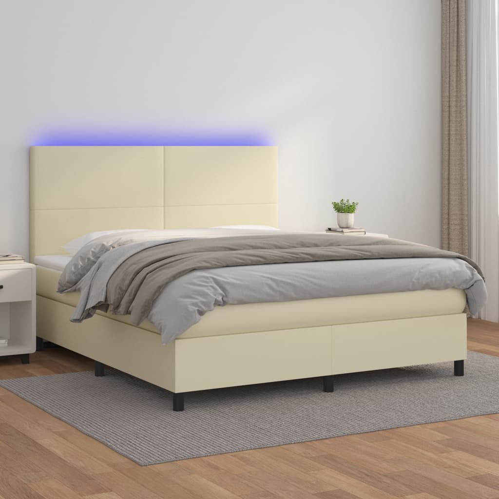 Boxspring met matras en LED kunstleer crèmekleurig 180x200 cm is nu te koop bij PeponiXL, paradijselijk wonen!