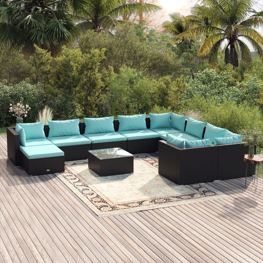 11-delige Loungeset met kussens poly rattan zwart is nu te koop bij PeponiXL, paradijselijk wonen!