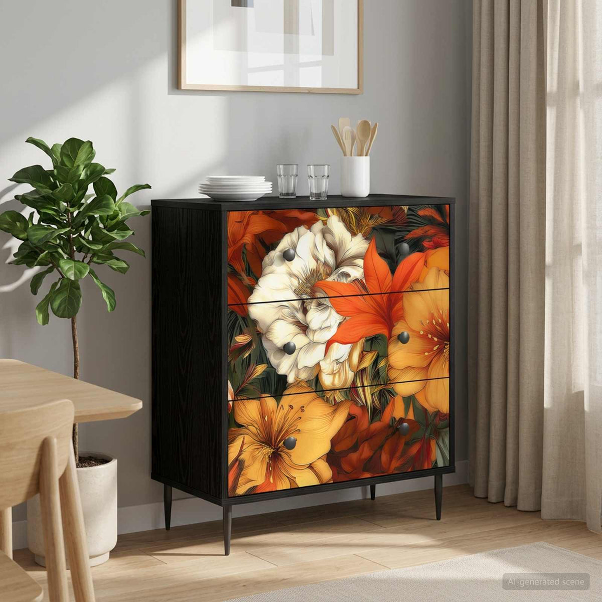 Ladekast GENNEP Lelieprint 66 x 36,5 x 76 cm Bewerkt hout is nu te koop bij PeponiXL, paradijselijk wonen!