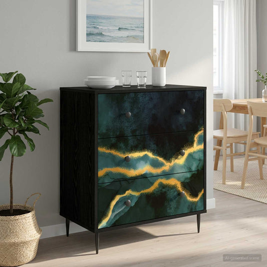 Ladekast WIJHE Teal marmerprint 66 x 36,5 x 76 cm Bewerkt hout is nu te koop bij PeponiXL, paradijselijk wonen!