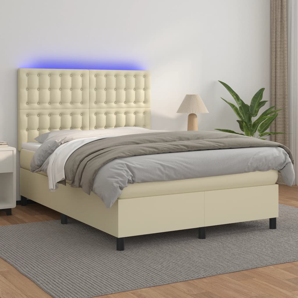 Boxspring met matras en LED kunstleer crèmekleurig 140x190 cm is nu te koop bij PeponiXL, paradijselijk wonen!