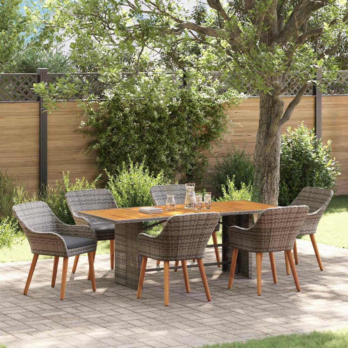 Tuin eettafelset met kussen 7 pcs Grijs poly rattan is nu te koop bij PeponiXL, paradijselijk wonen!