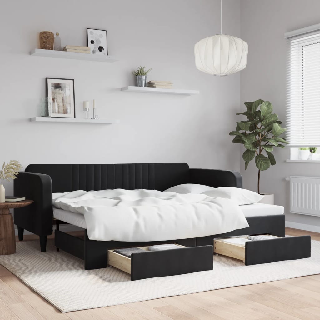 Slaapbank met onderschuifbed en lades 90x200 cm fluweel zwart is nu te koop bij PeponiXL, paradijselijk wonen!
