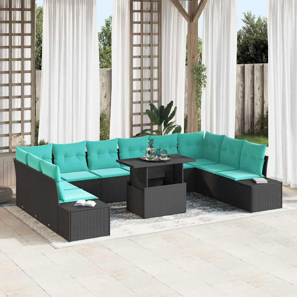 Tuin Sofa Set met kussen 11 pcs Zwart en Blauw poly rattan is nu te koop bij PeponiXL, paradijselijk wonen!