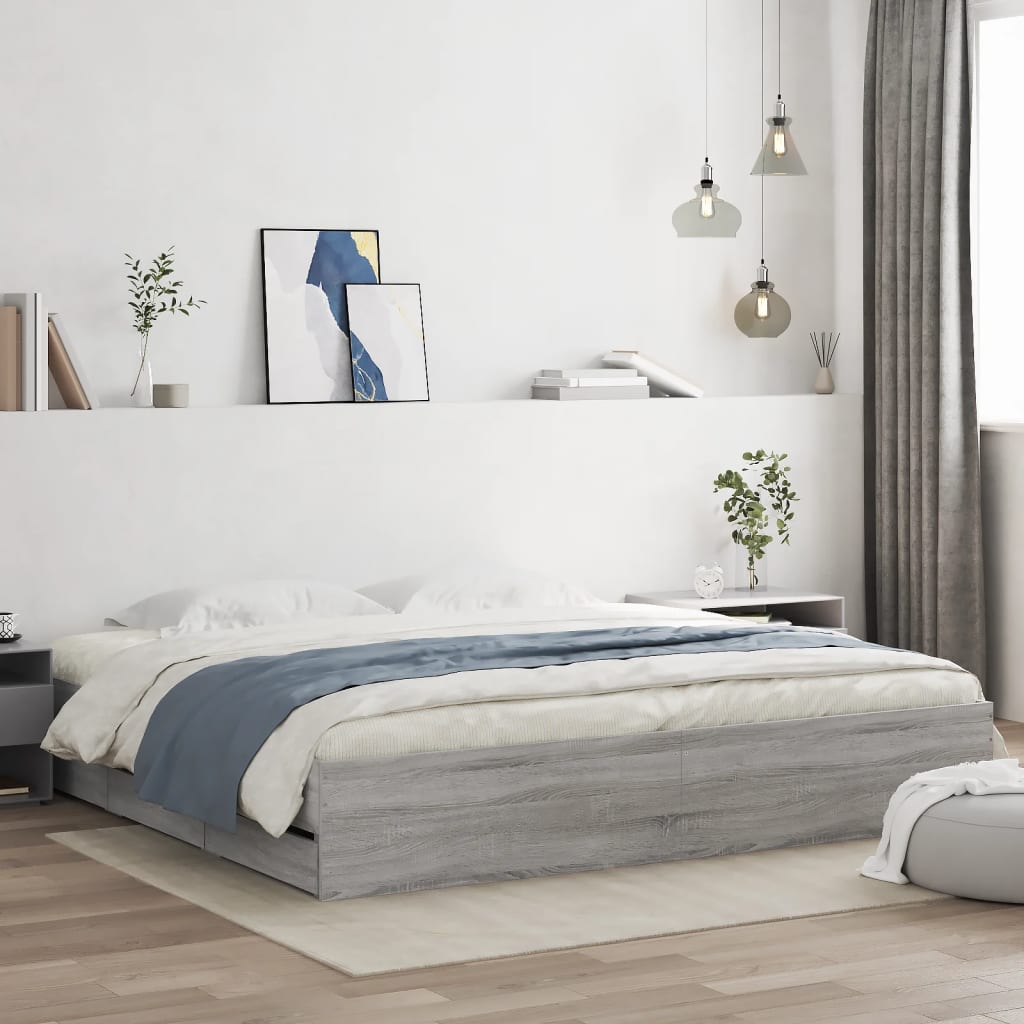 Bedframe met lades bewerkt hout grijs sonoma eiken 200x200 cm is nu te koop bij PeponiXL, paradijselijk wonen!