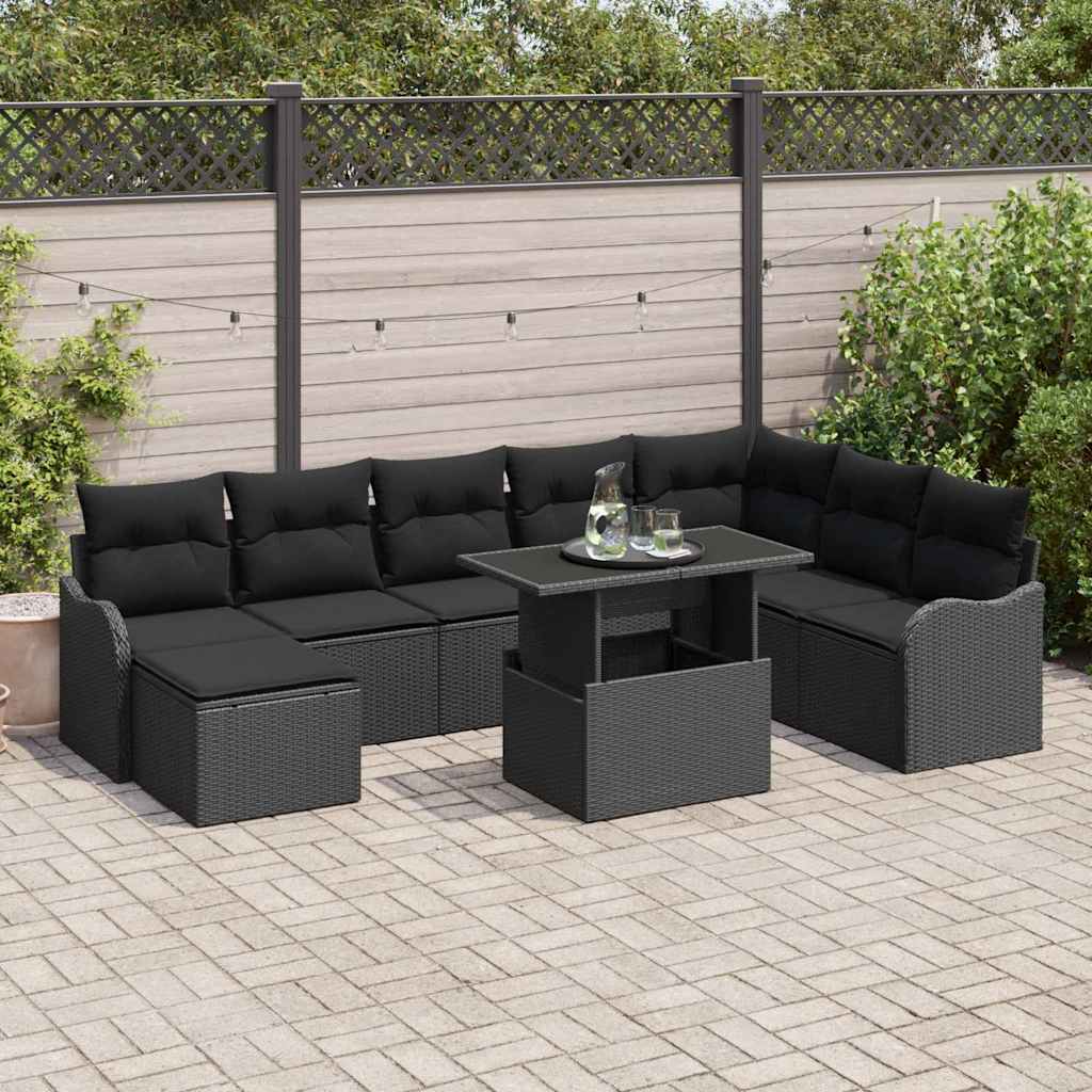 Tuin Sofa Set met kussen 9 pcs Zwart Poly riet is nu te koop bij PeponiXL, paradijselijk wonen!