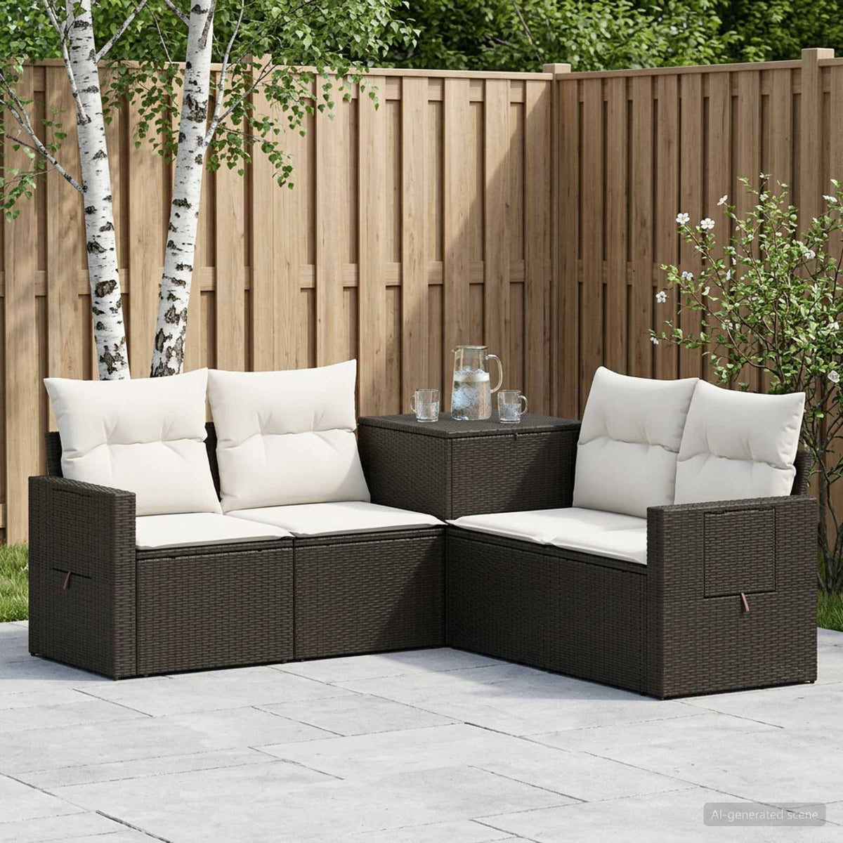 Bankstel 5 st Zwart en Cream Wit Poly Rattan en Staal is nu te koop bij PeponiXL, paradijselijk wonen!