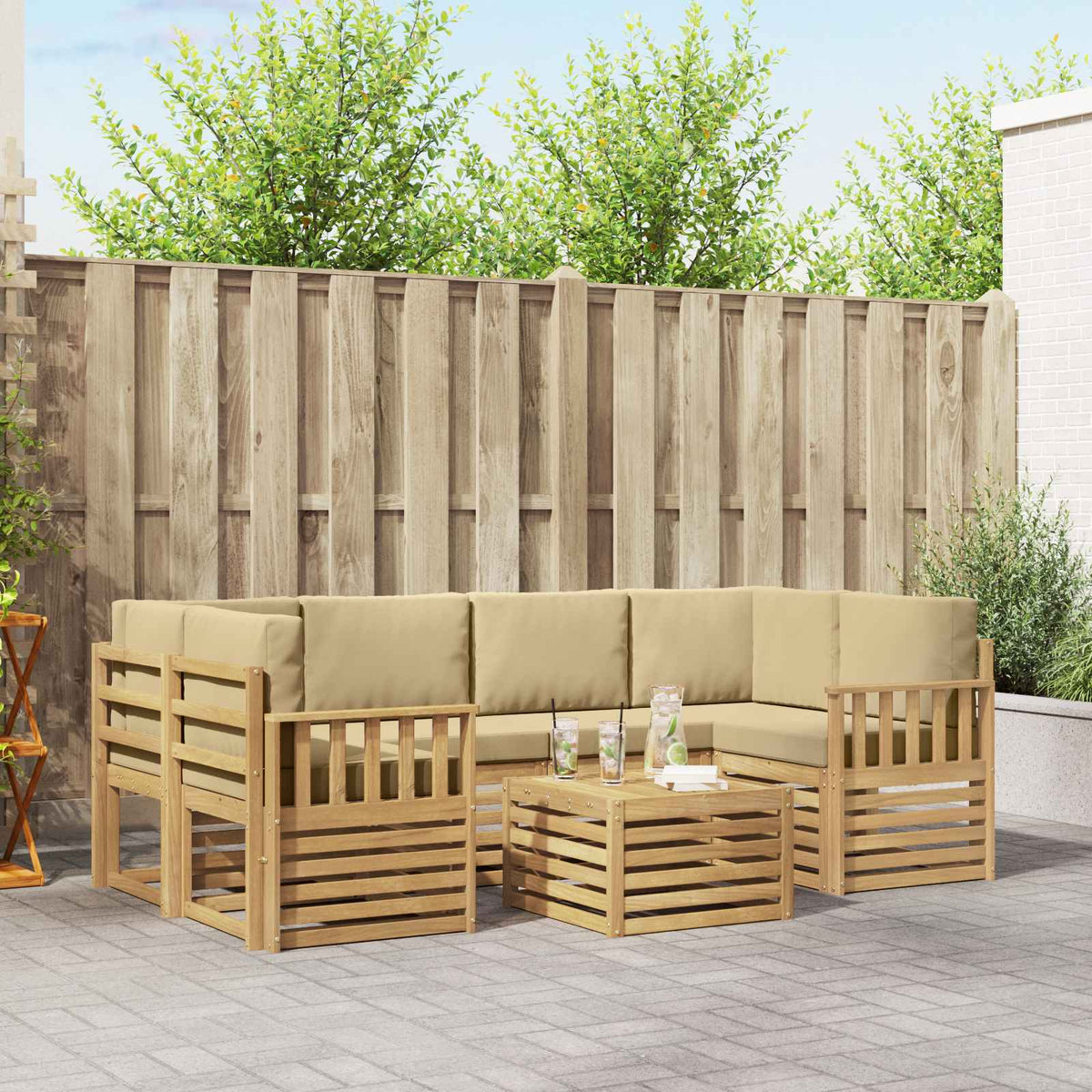 Buiten bankenset met kussen 7 pcs Wit en Beige Polyester is nu te koop bij PeponiXL, paradijselijk wonen!