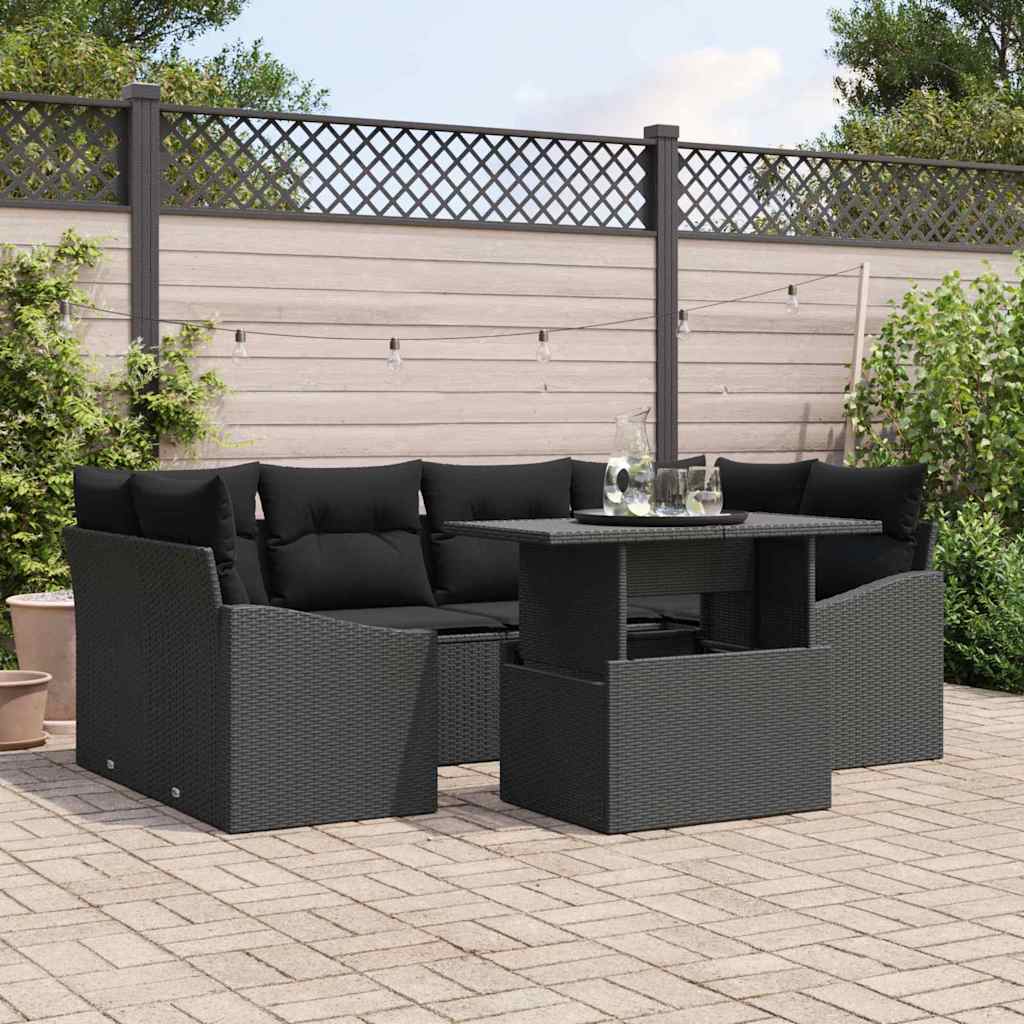 Tuin Sofa Set met kussen 7 pcs Zwart poly rattan is nu te koop bij PeponiXL, paradijselijk wonen!