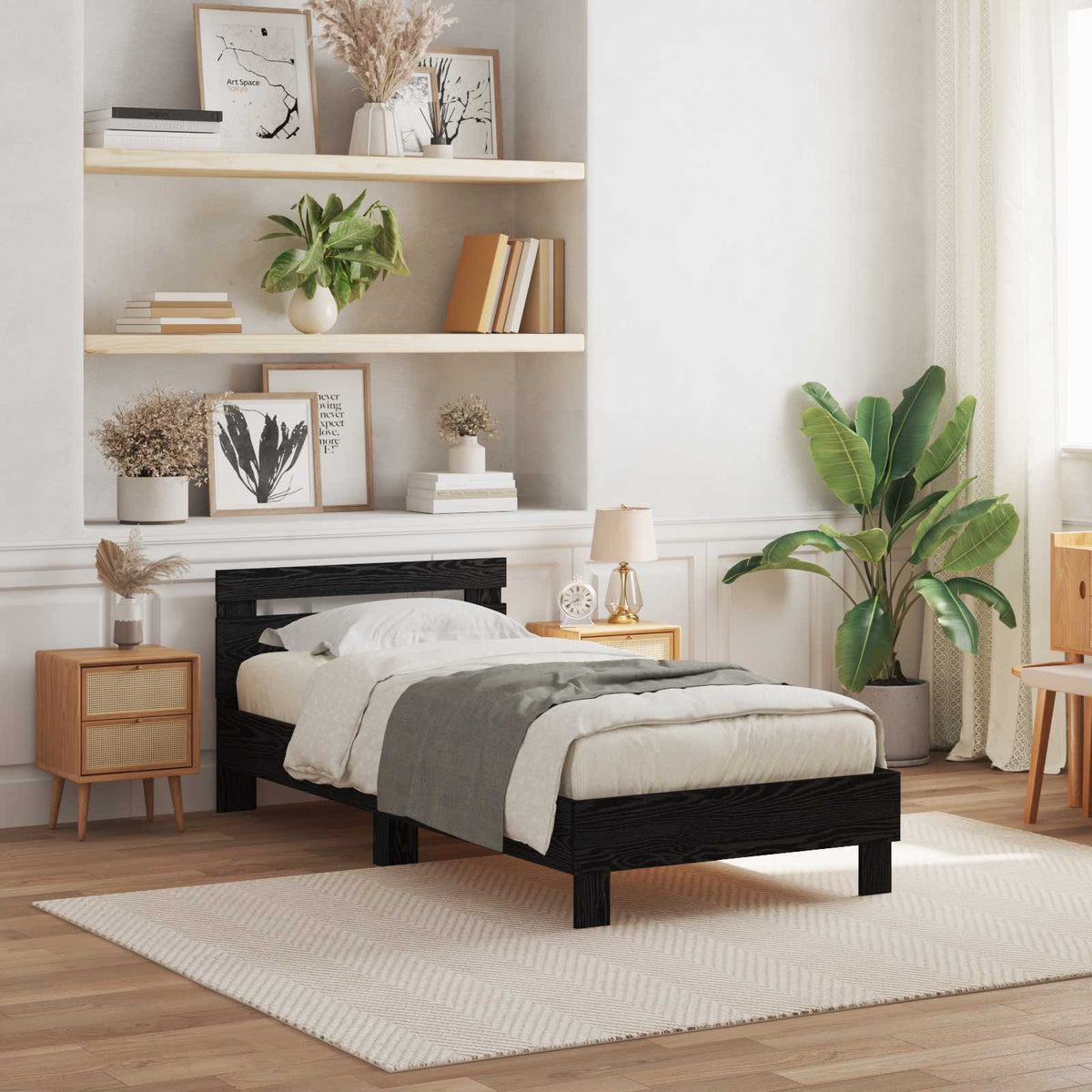Bedframe met LED Zwart Eiken 100 x 200 cm Bewerkt hout is nu te koop bij PeponiXL, paradijselijk wonen!