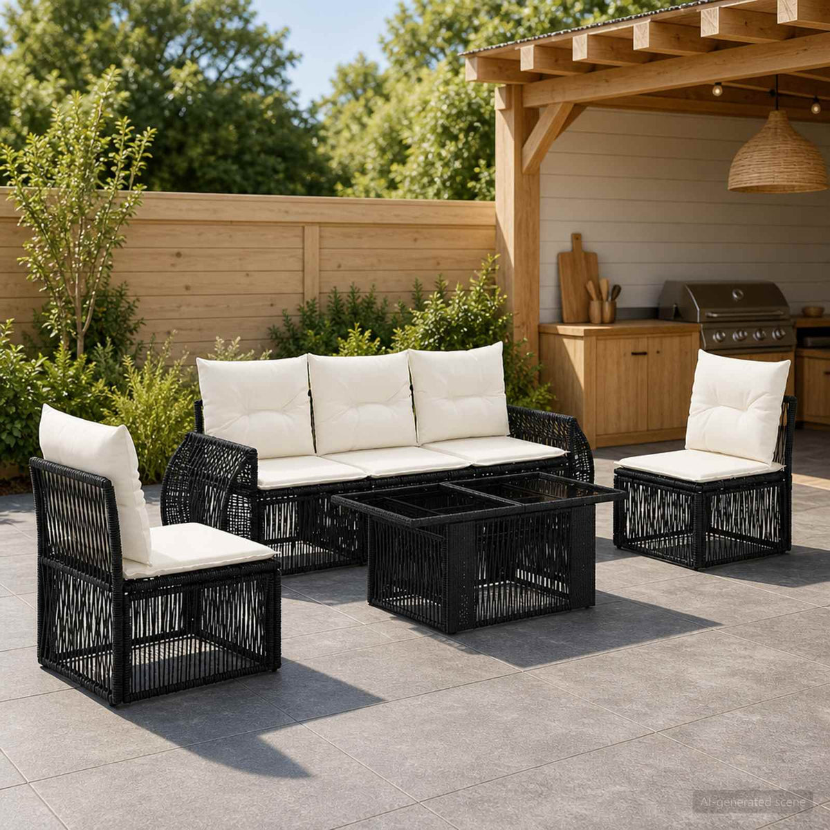 Tuinbankenset 6 st Zwart en Cream Wit poly rattan is nu te koop bij PeponiXL, paradijselijk wonen!