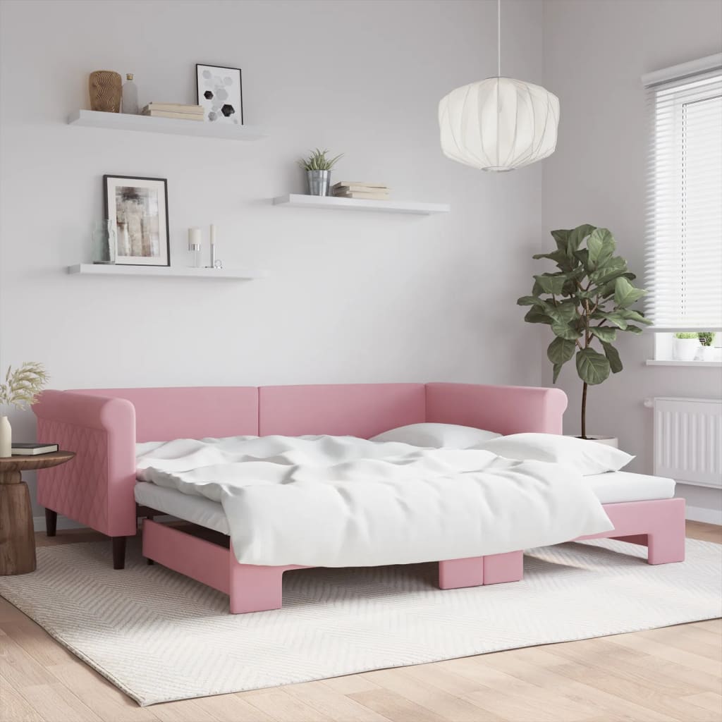 Slaapbank met onderschuifbed 100x200 cm fluweel roze is nu te koop bij PeponiXL, paradijselijk wonen!