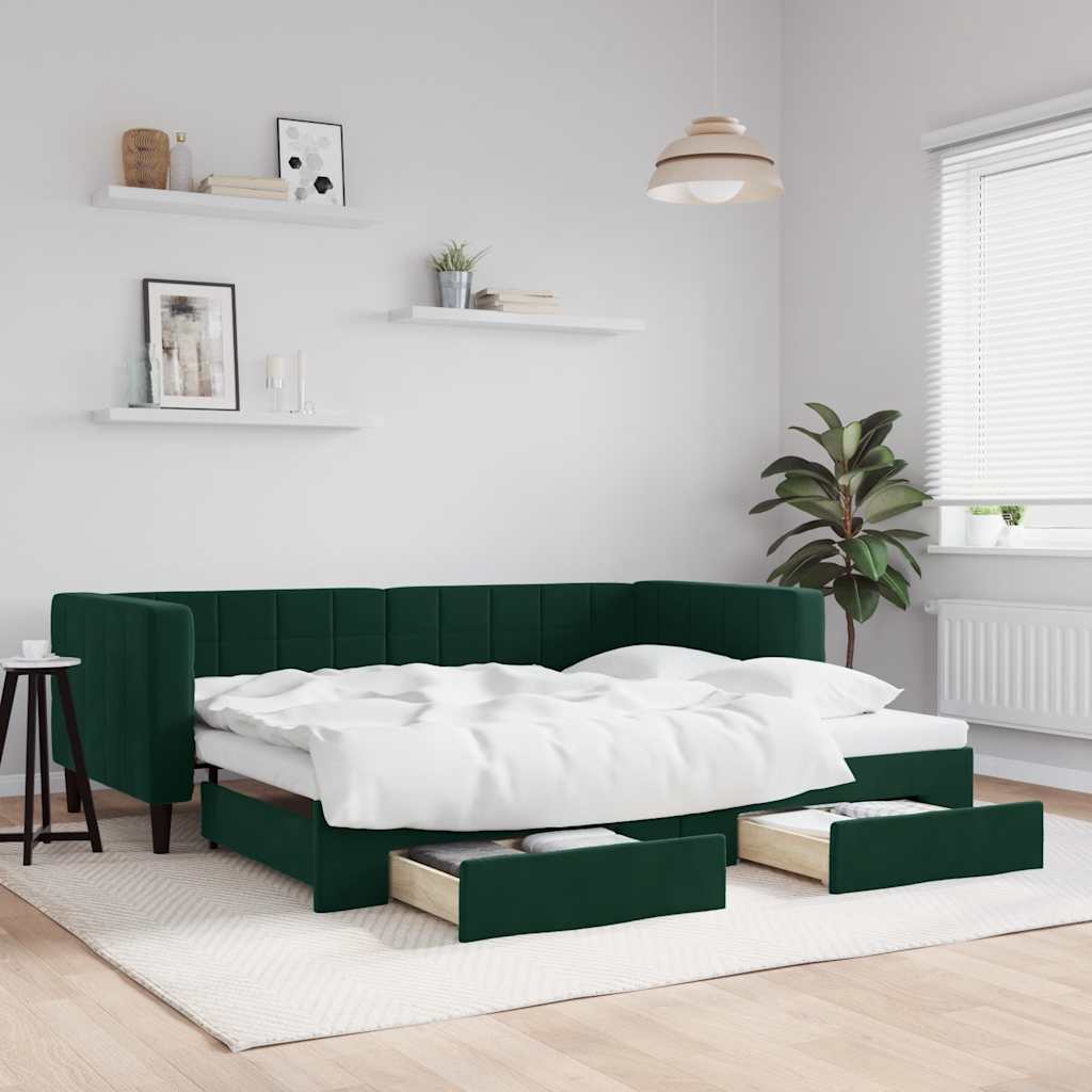 Slaapbank onderschuifbed en lades 80x200 cm fluweel donkergroen is nu te koop bij PeponiXL, paradijselijk wonen!