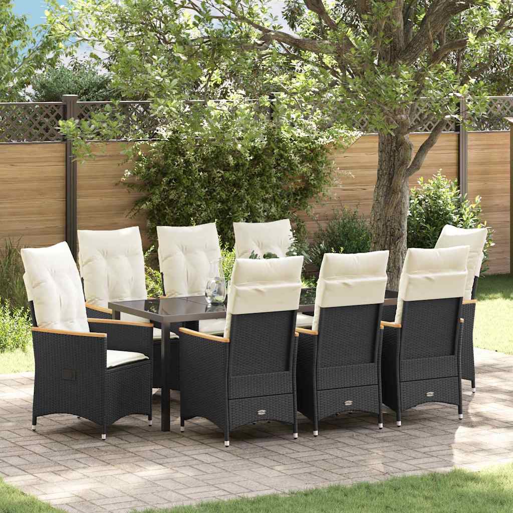 Tuin eettafelset met kussen 9 pcs Zwart poly rattan is nu te koop bij PeponiXL, paradijselijk wonen!