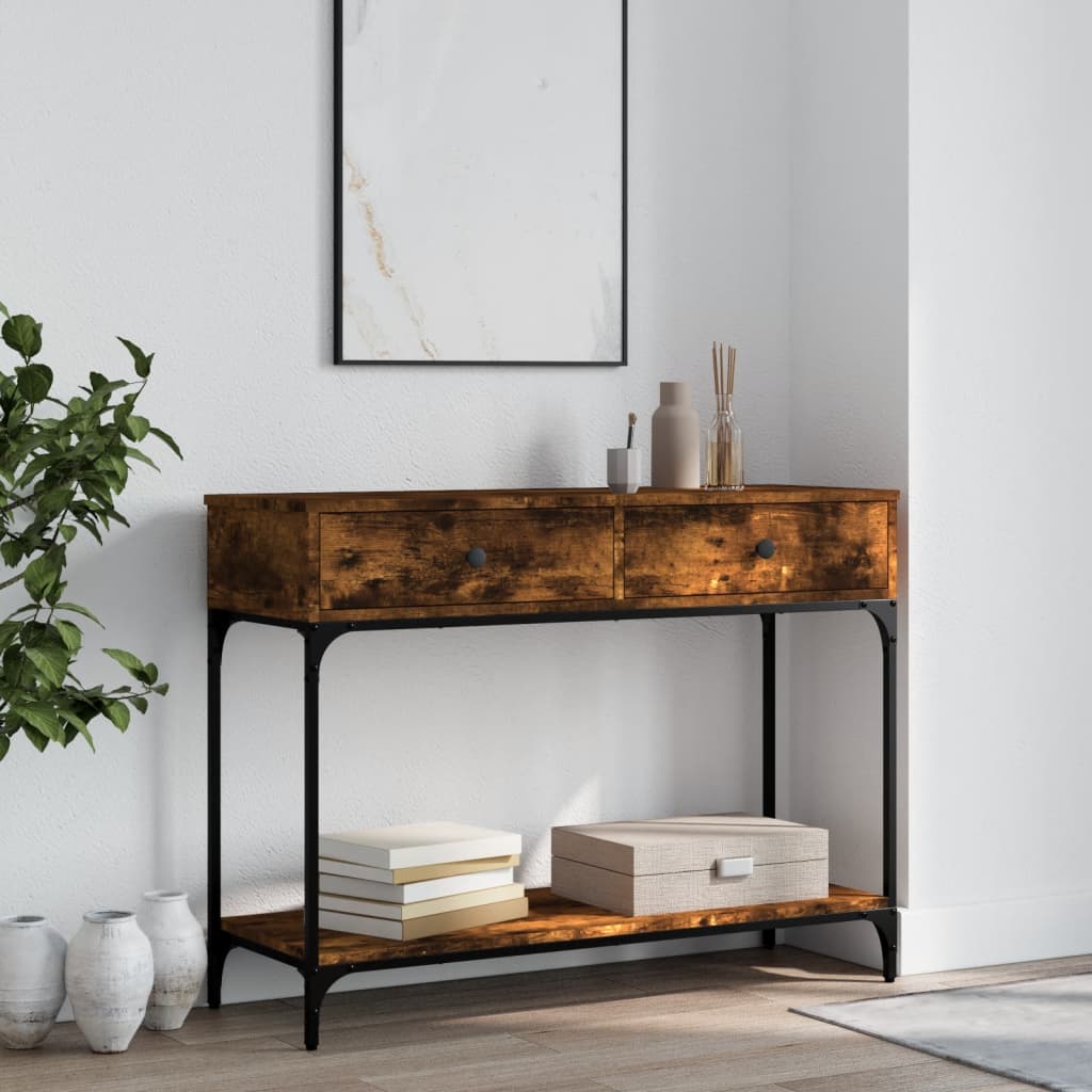 Wandtafel 100x34,5x75 cm bewerkt hout gerookt eikenkleurig is nu te koop bij PeponiXL, paradijselijk wonen!