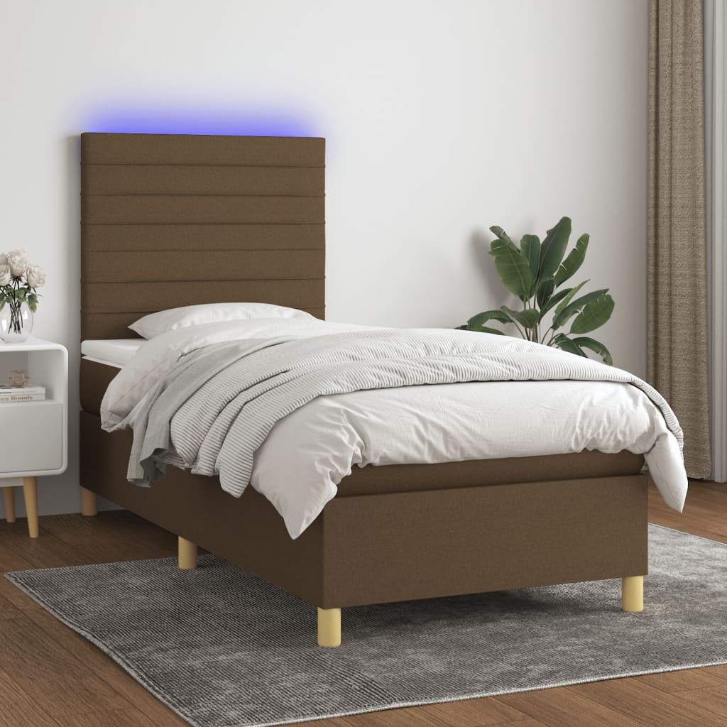 Boxspring met matras en LED stof donkerbruin 100x200 cm is nu te koop bij PeponiXL, paradijselijk wonen!