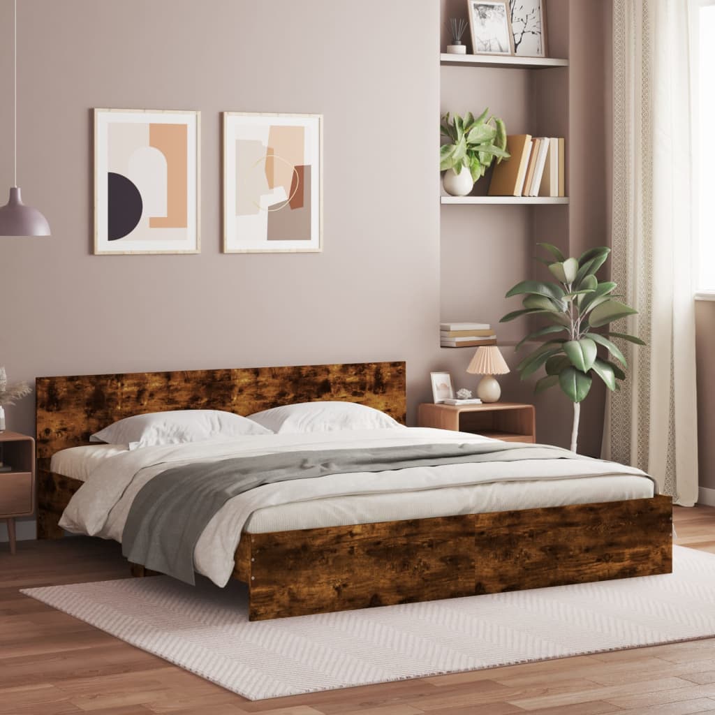 Bedframe met hoofdeinde en LED gerookt eikenkleurig 200x200 cm is nu te koop bij PeponiXL, paradijselijk wonen!