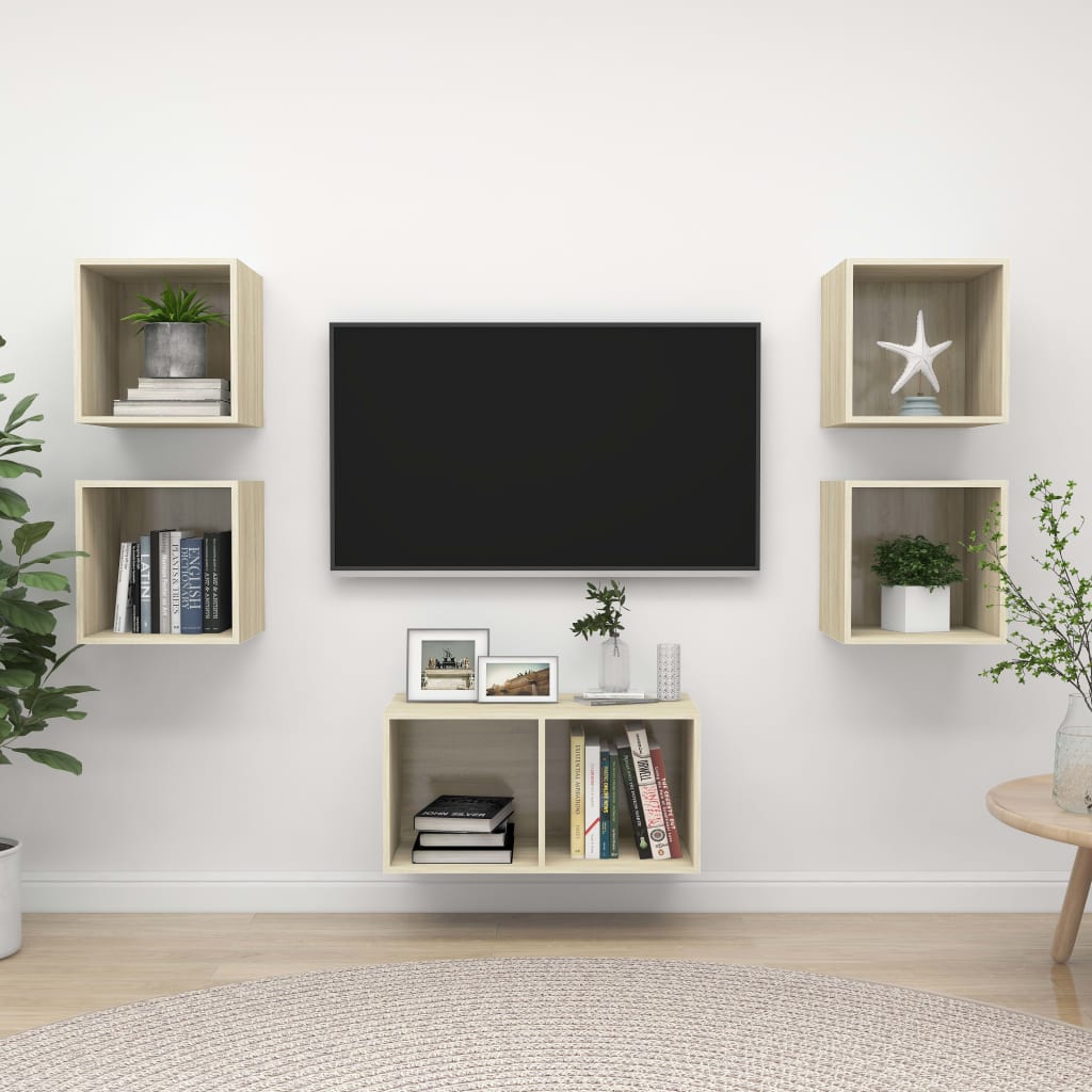 5-delige Tv-meubelset bewerkt hout sonoma eikenkleurig is nu te koop bij PeponiXL, paradijselijk wonen!