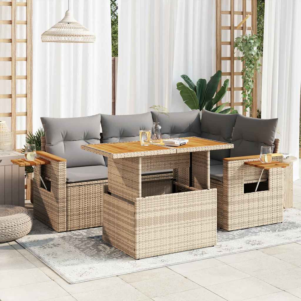 5-delige Loungeset met kussens poly rattan en acaciahout beige is nu te koop bij PeponiXL, paradijselijk wonen!