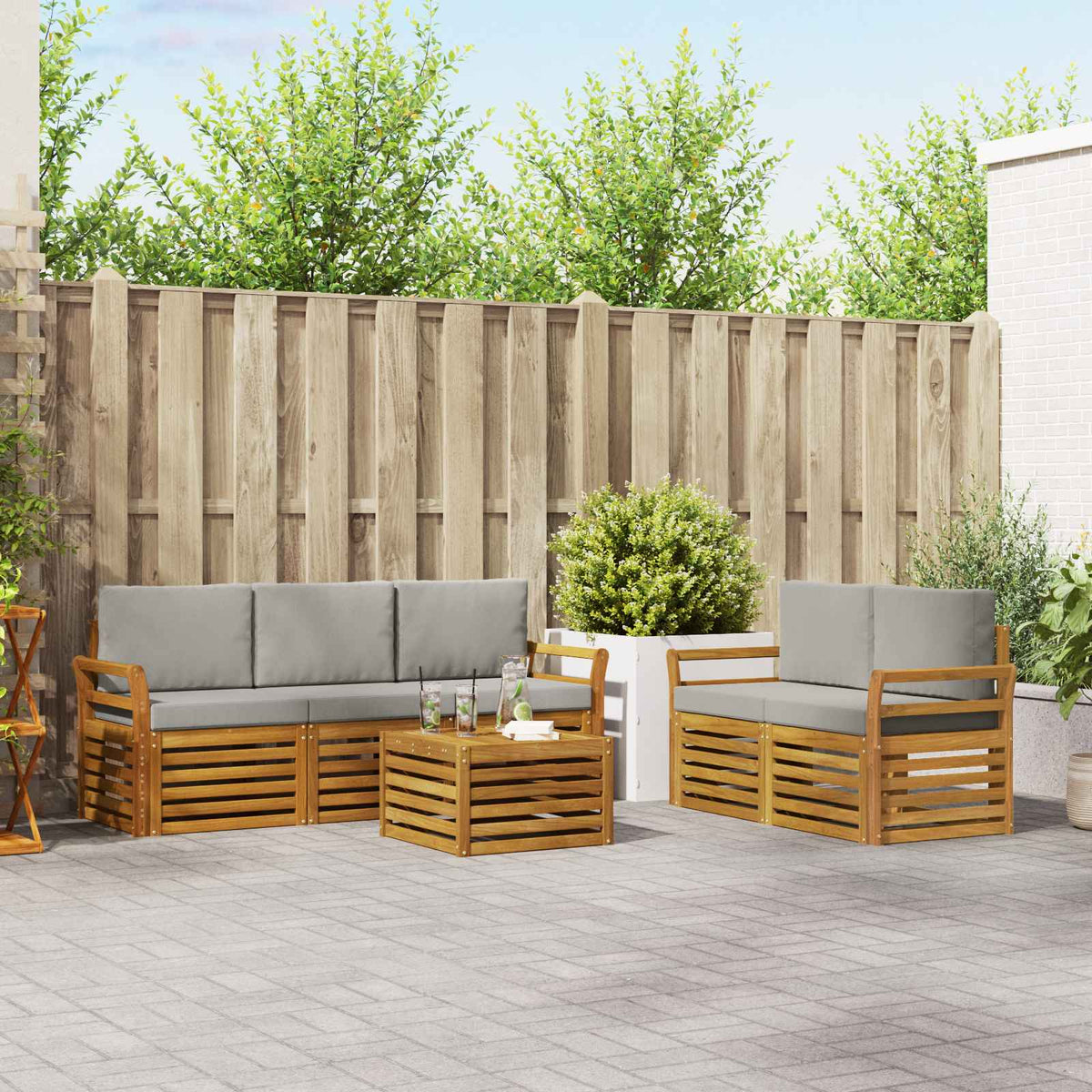 Sofa-Sets 6 pcs Natuurlijk en Lichtgrijs Massief Acaciahout is nu te koop bij PeponiXL, paradijselijk wonen!