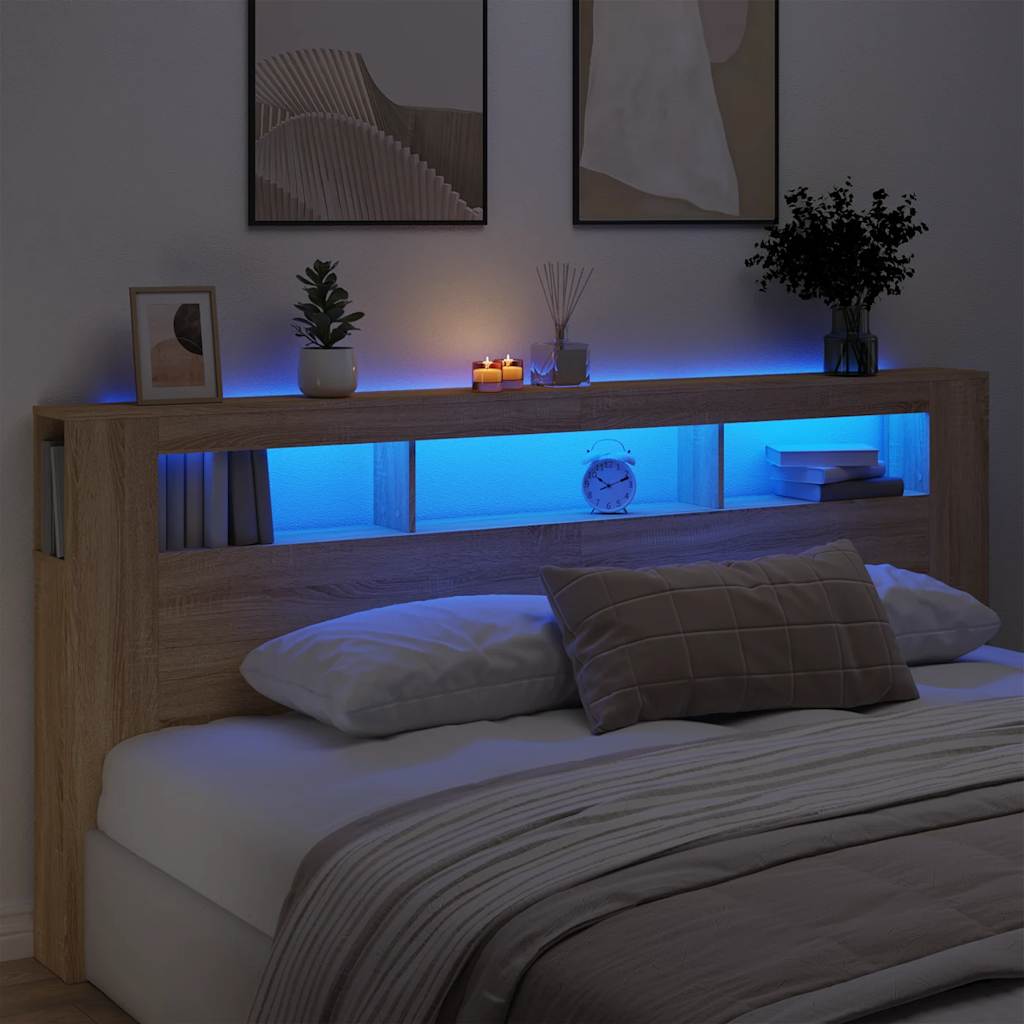 Hoofdbord met LED 220x18,5x103,5 cm bewerkt hout sonoma eiken is nu te koop bij PeponiXL, paradijselijk wonen!
