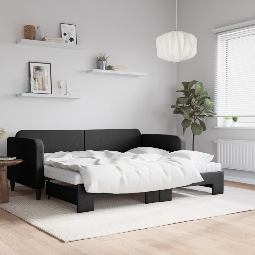 Slaapbank met onderschuifbed en matrassen 90x190 cm stof zwart is nu te koop bij PeponiXL, paradijselijk wonen!