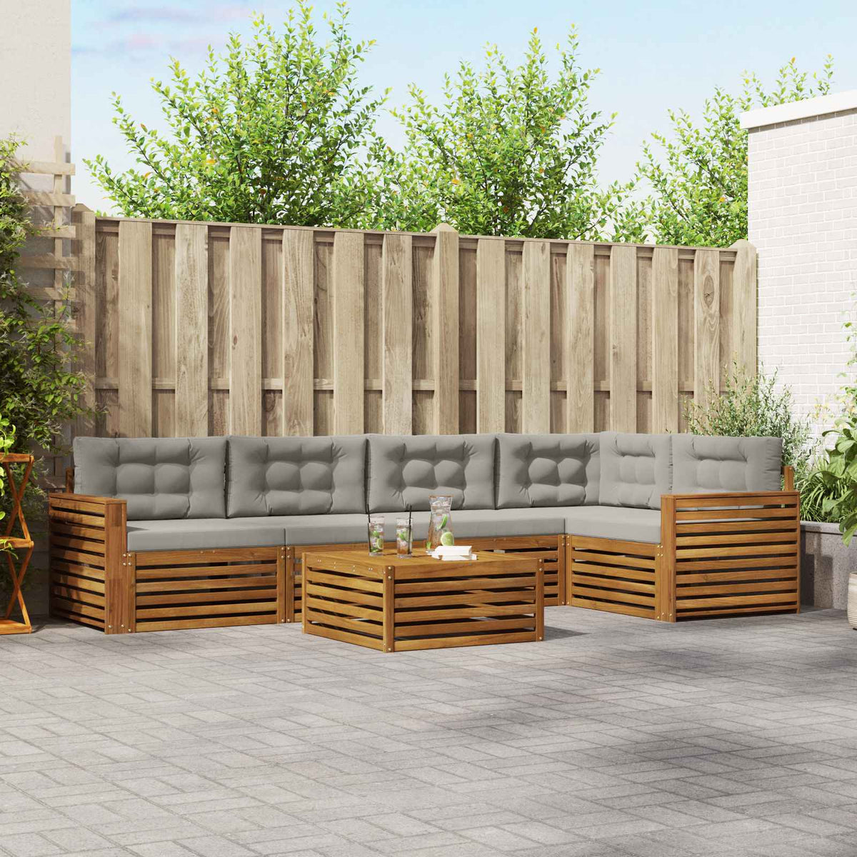 Buiten bankenset met kussen 6 pcs Natuurlijk en Lichtgrijs is nu te koop bij PeponiXL, paradijselijk wonen!