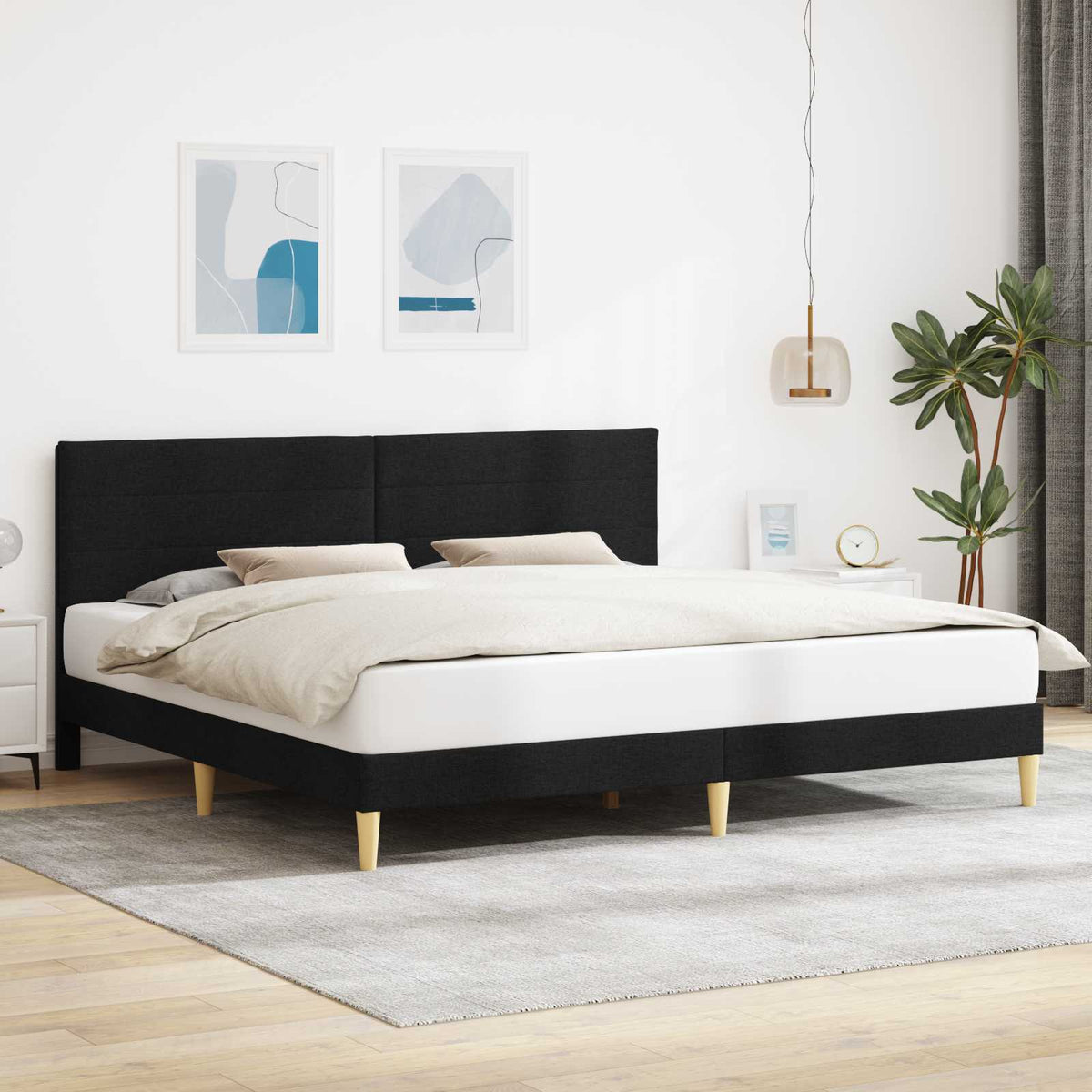 Bedframe met hoofdeinde Zwart 200 x 200 cm Stof is nu te koop bij PeponiXL, paradijselijk wonen!