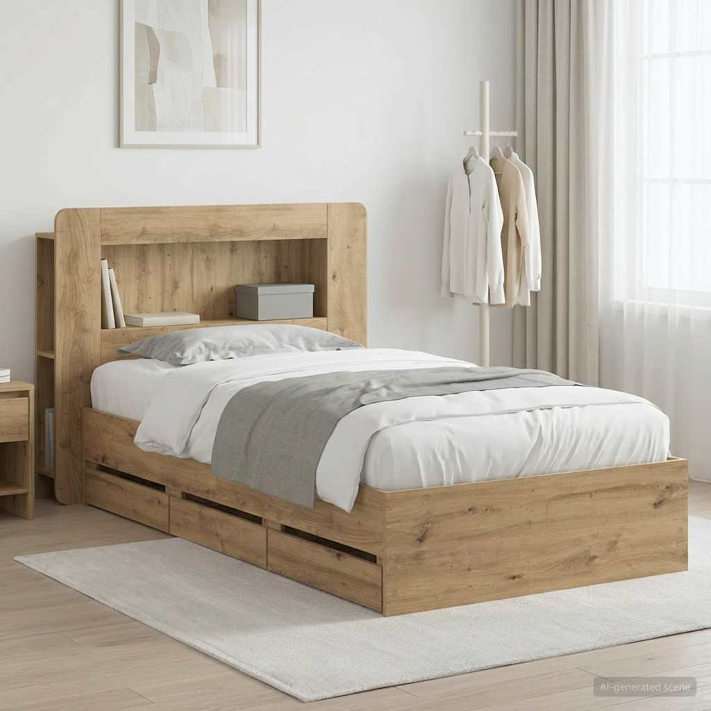 Bedframe met opslag Artisanaal eiken 80 x 200 cm Bewerkt hout is nu te koop bij PeponiXL, paradijselijk wonen!