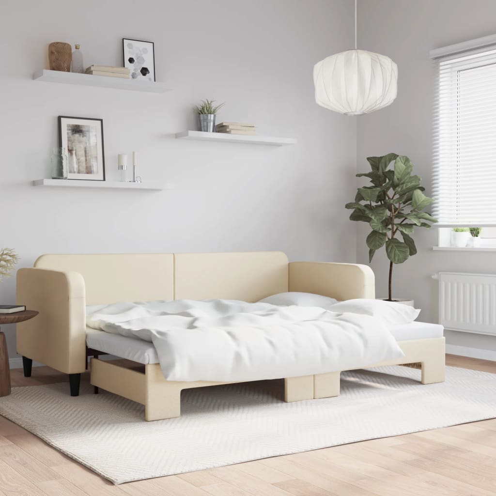 Slaapbank met onderschuifbed 80x200 cm stof crèmekleurig is nu te koop bij PeponiXL, paradijselijk wonen!