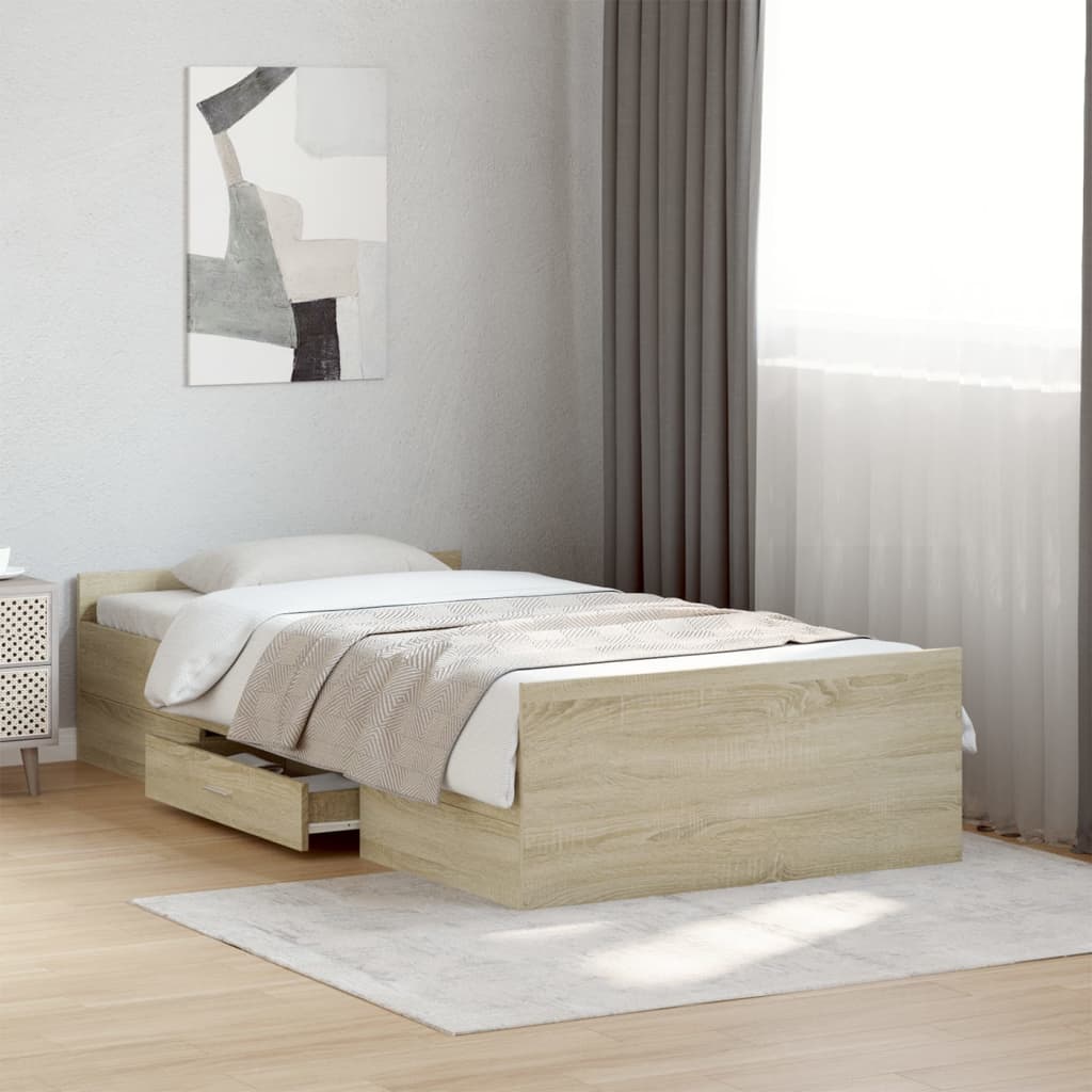 Bedframe met lades bewerkt hout sonoma eikenkleurig 100x200 cm is nu te koop bij PeponiXL, paradijselijk wonen!