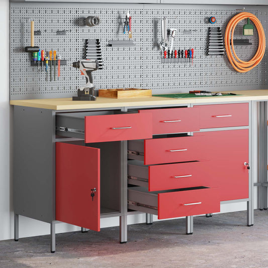 Werk kast met lade 3 pcs Rood en Grijs 150 x 55 x 85 cm is nu te koop bij PeponiXL, paradijselijk wonen!