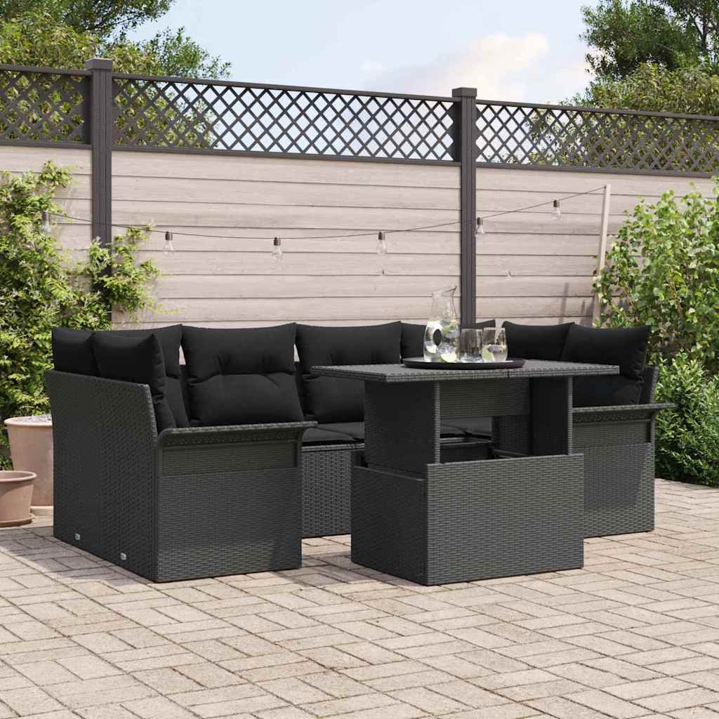 Tuin Sofa Set met kussen 7 pcs Zwart Poly riet is nu te koop bij PeponiXL, paradijselijk wonen!