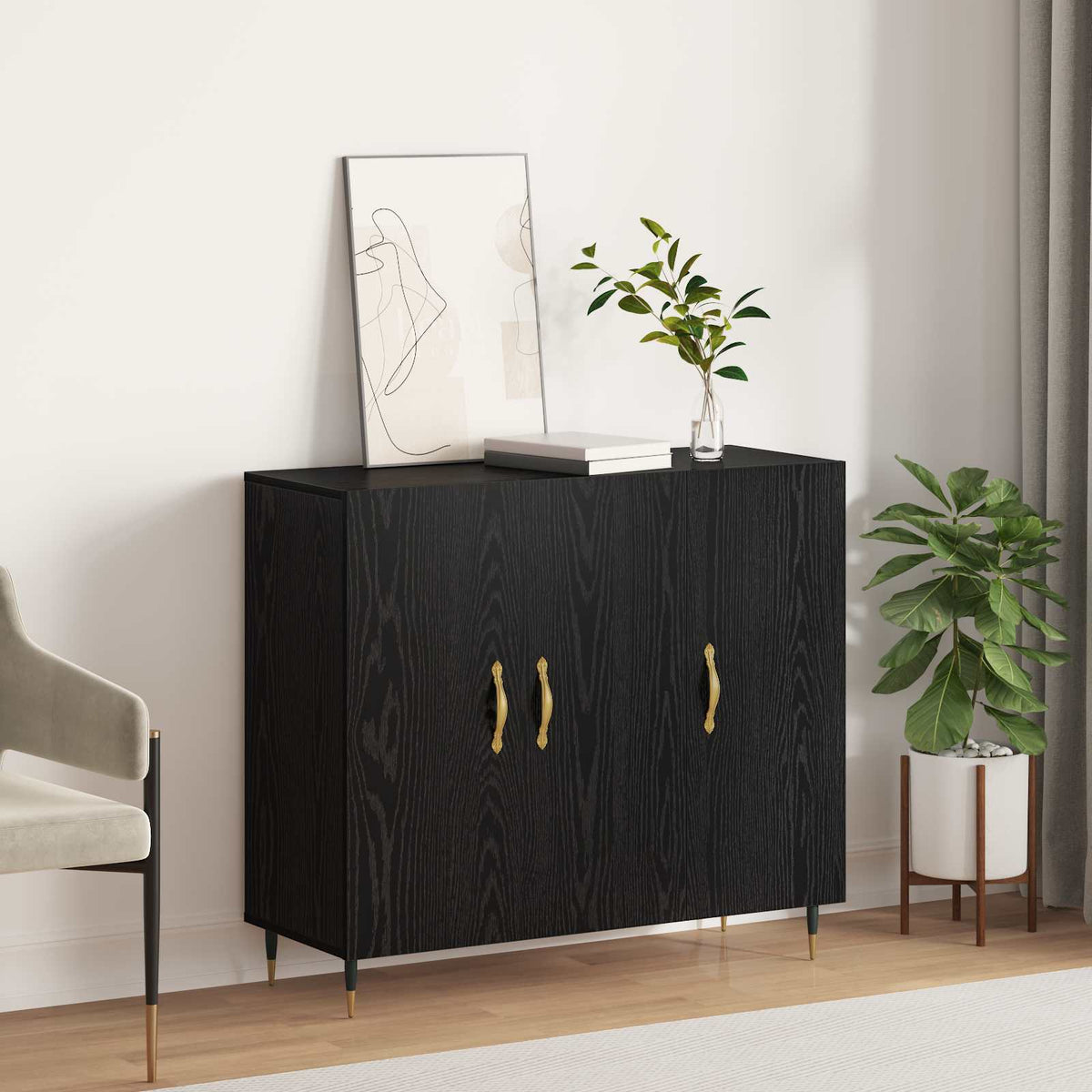 Dressoir Zwart Eiken 90 x 34 x 80 cm Bewerkt hout is nu te koop bij PeponiXL, paradijselijk wonen!