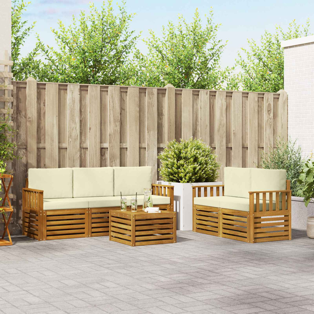 Sofa-Sets 6 pcs Natuurlijk en Crème Massief Acaciahout is nu te koop bij PeponiXL, paradijselijk wonen!